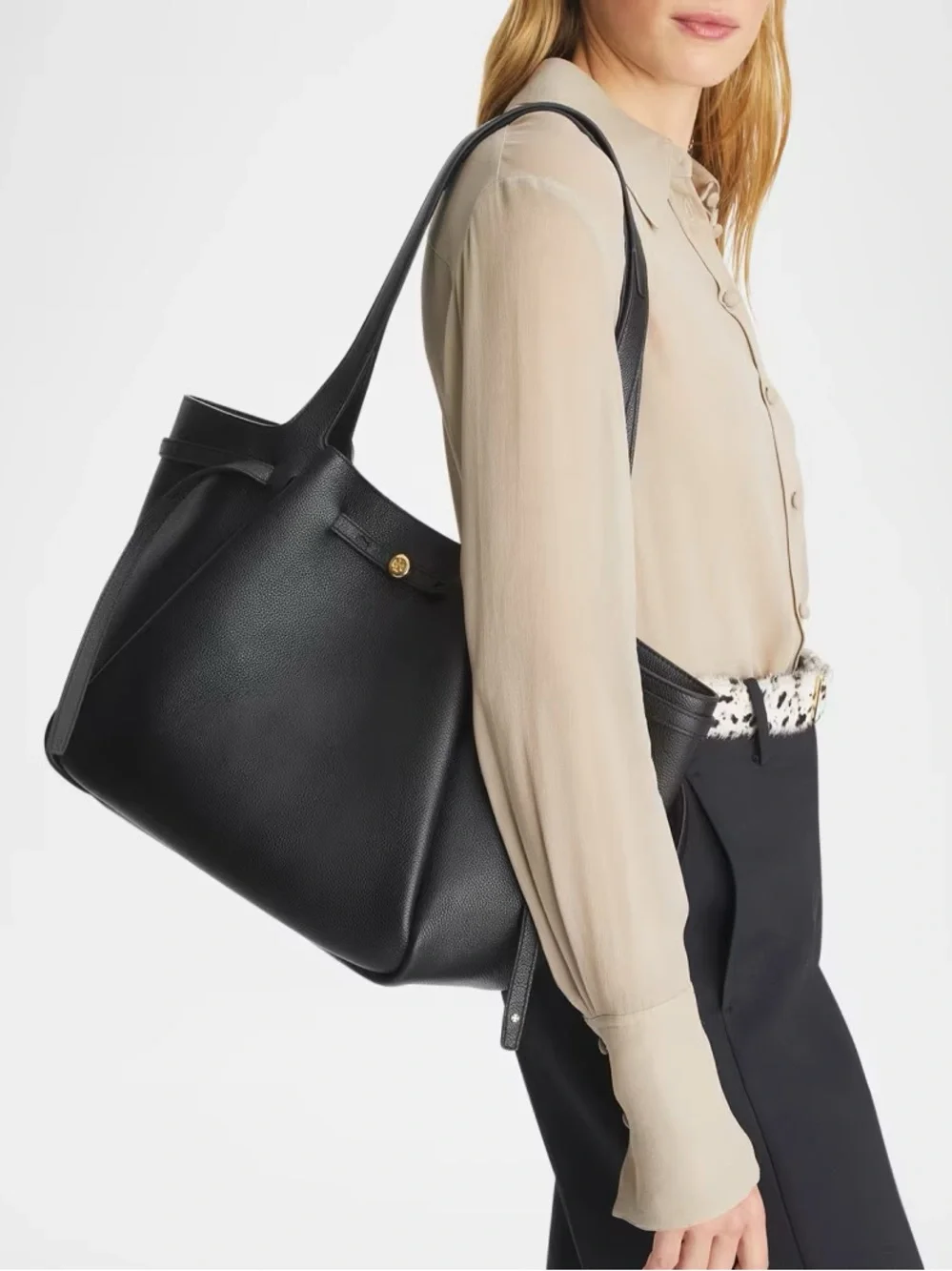 Tory Burch Romy Tote Black Leather Tote with Gold Logo Accent